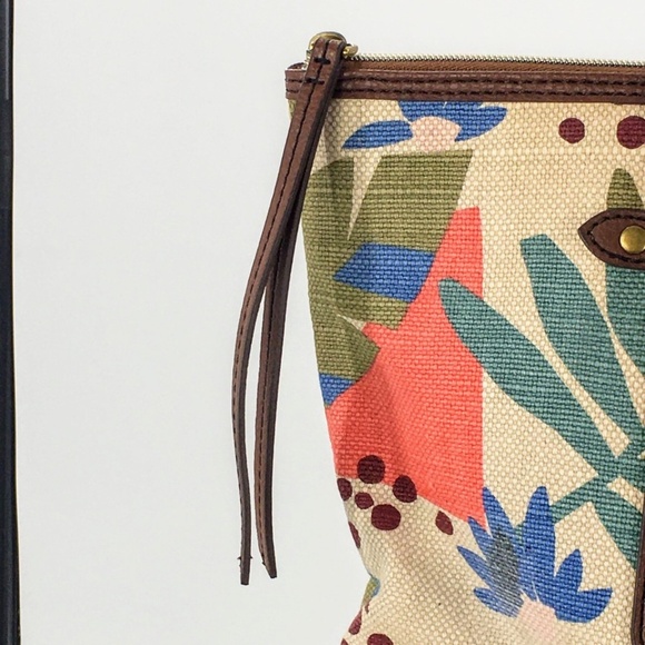 Fossil Canvas Tote Tan Floral Leaf Print Zip Top Medium Textile Shoulder Bag - Picture 4 of 16